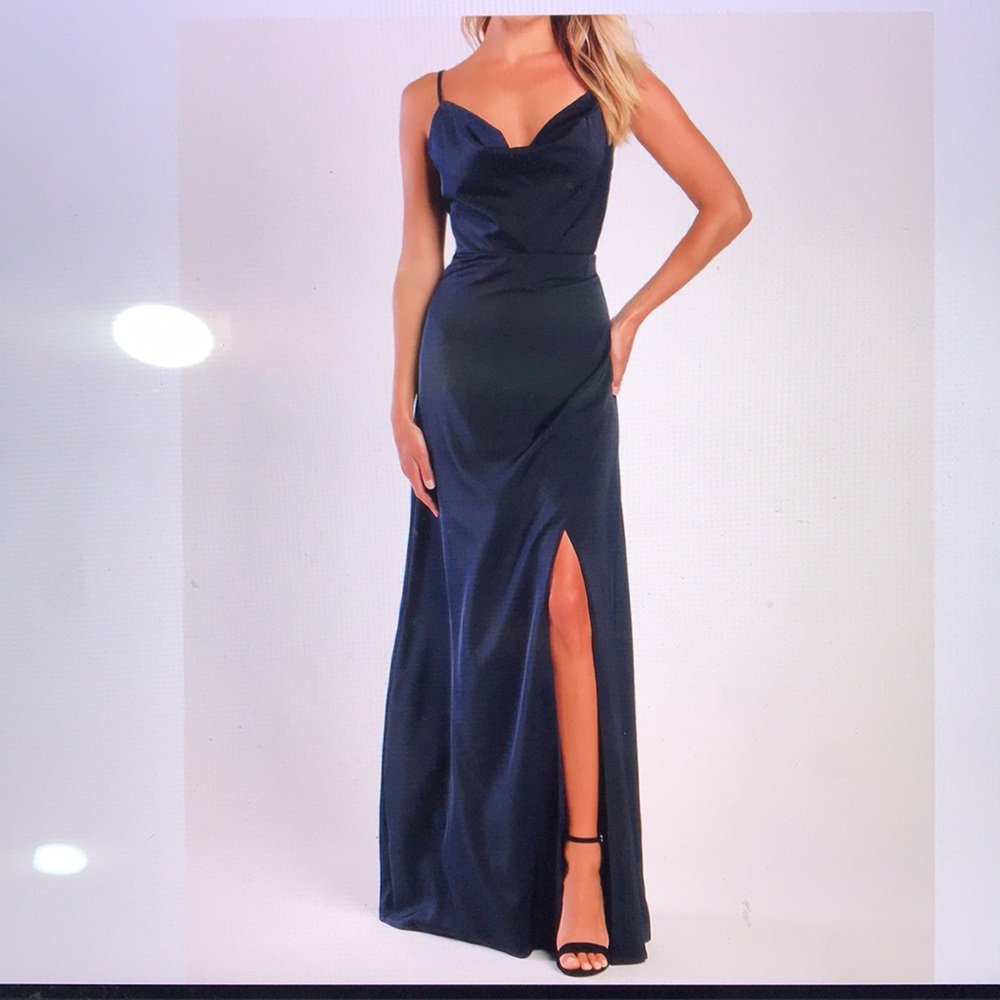 Lulus Unforgettable Love Blue Satin Cowl Neck Faux-Wrap Maxi Dress